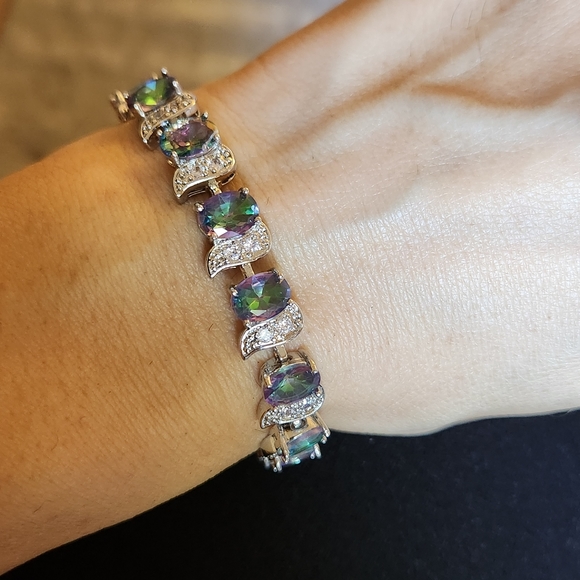 New 925 Silver Oval Cut Mystic Topaz Diamond Bracelet for Women with Extention - Picture 2 of 11